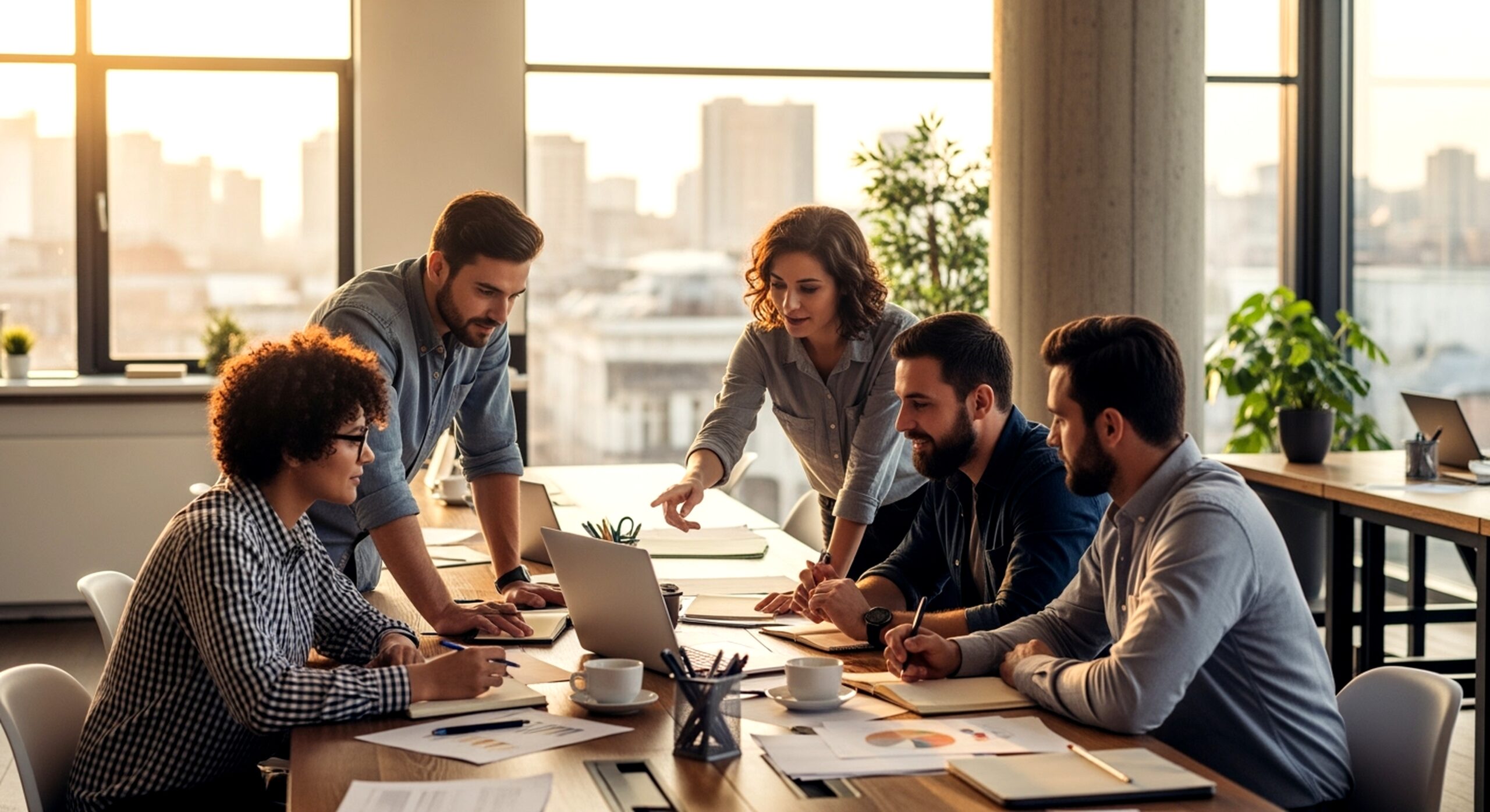 A diverse group of business professionals collaborating in a modern office setting.